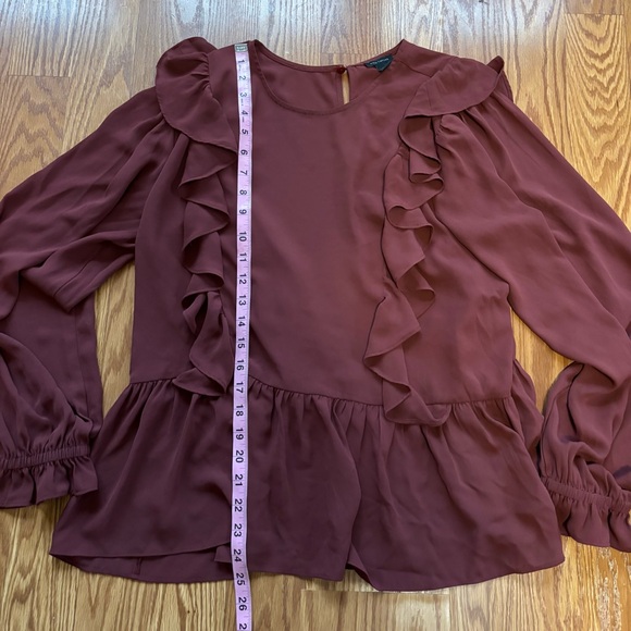 Ann Taylor Burgundy Ruffle Long Sleeve Peplum Blouse Large Romantic Boho Cottage - Picture 6 of 9